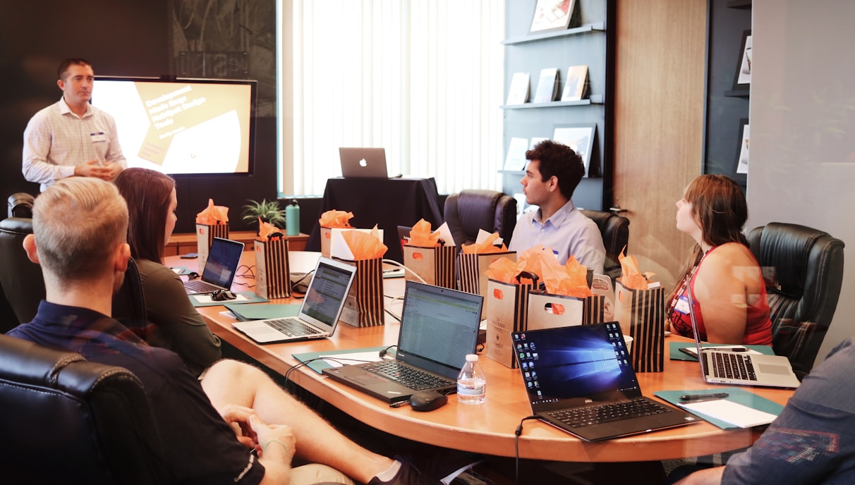 A business team reviewing a presentation